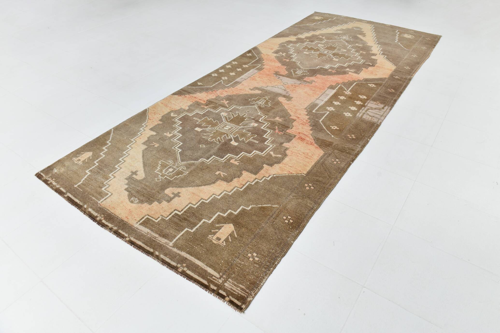 5x13 Tapis Couloir Anatolien Vintage, Tapis Turc Brun Taupe, 159x385 Cm