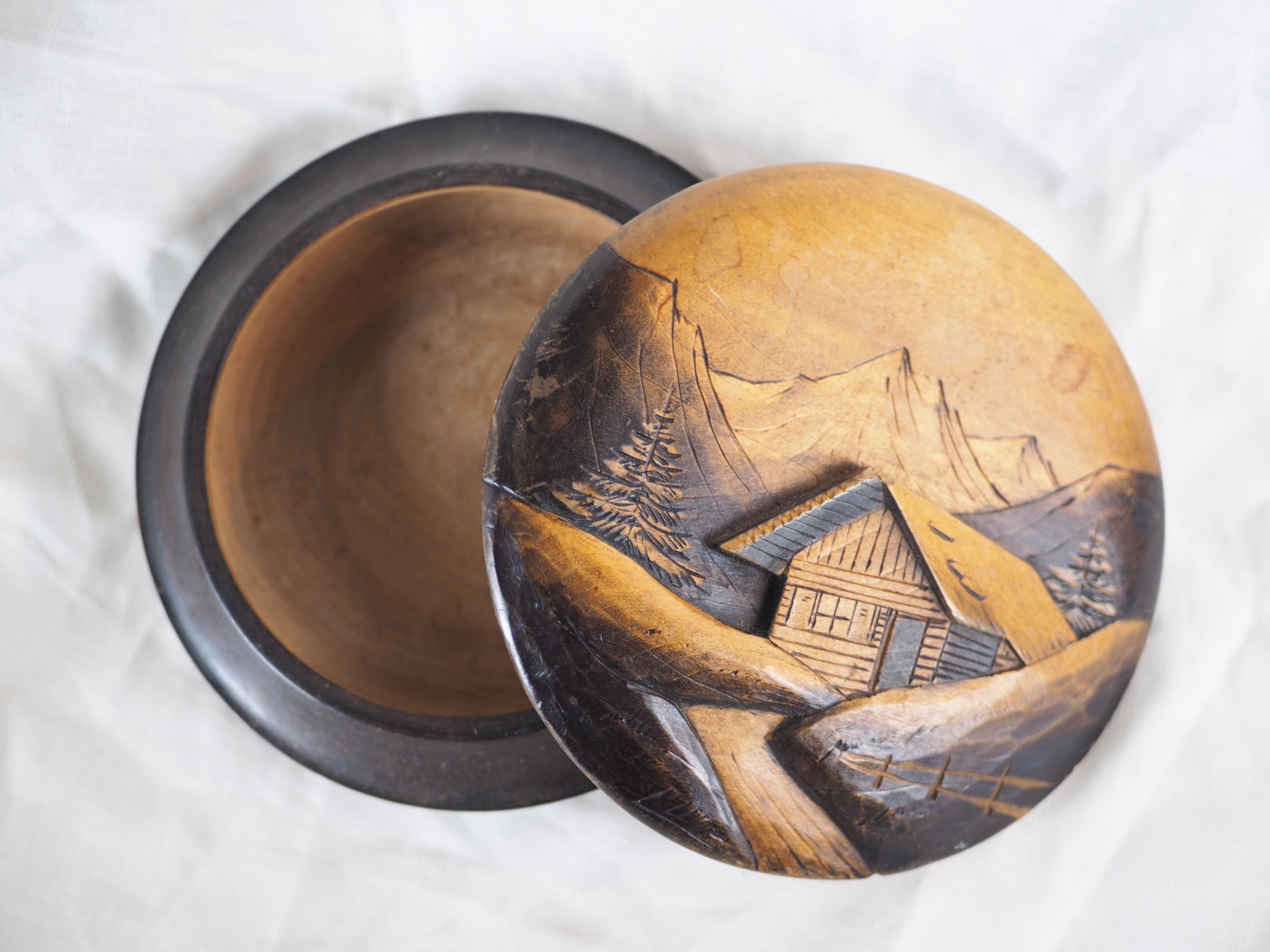 Large blackened wooden box mountain landscape folk art early / mid twentieth