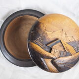 Large blackened wooden box mountain landscape folk art early / mid twentieth