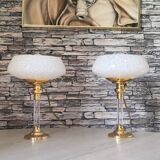 Pair of brass and Clichy glass lamps
