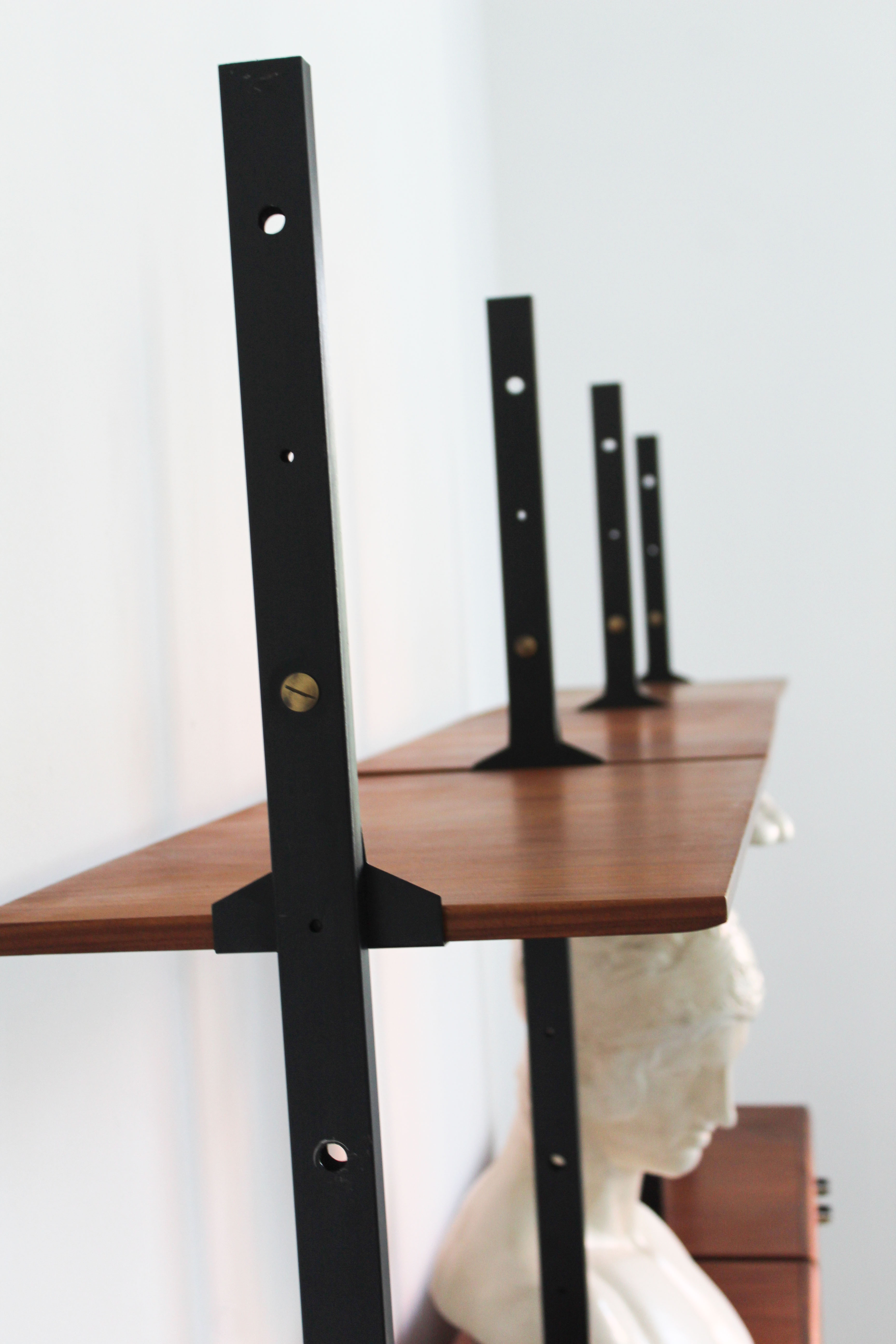 Bookcase in slab wood and black metal, Italy 50s