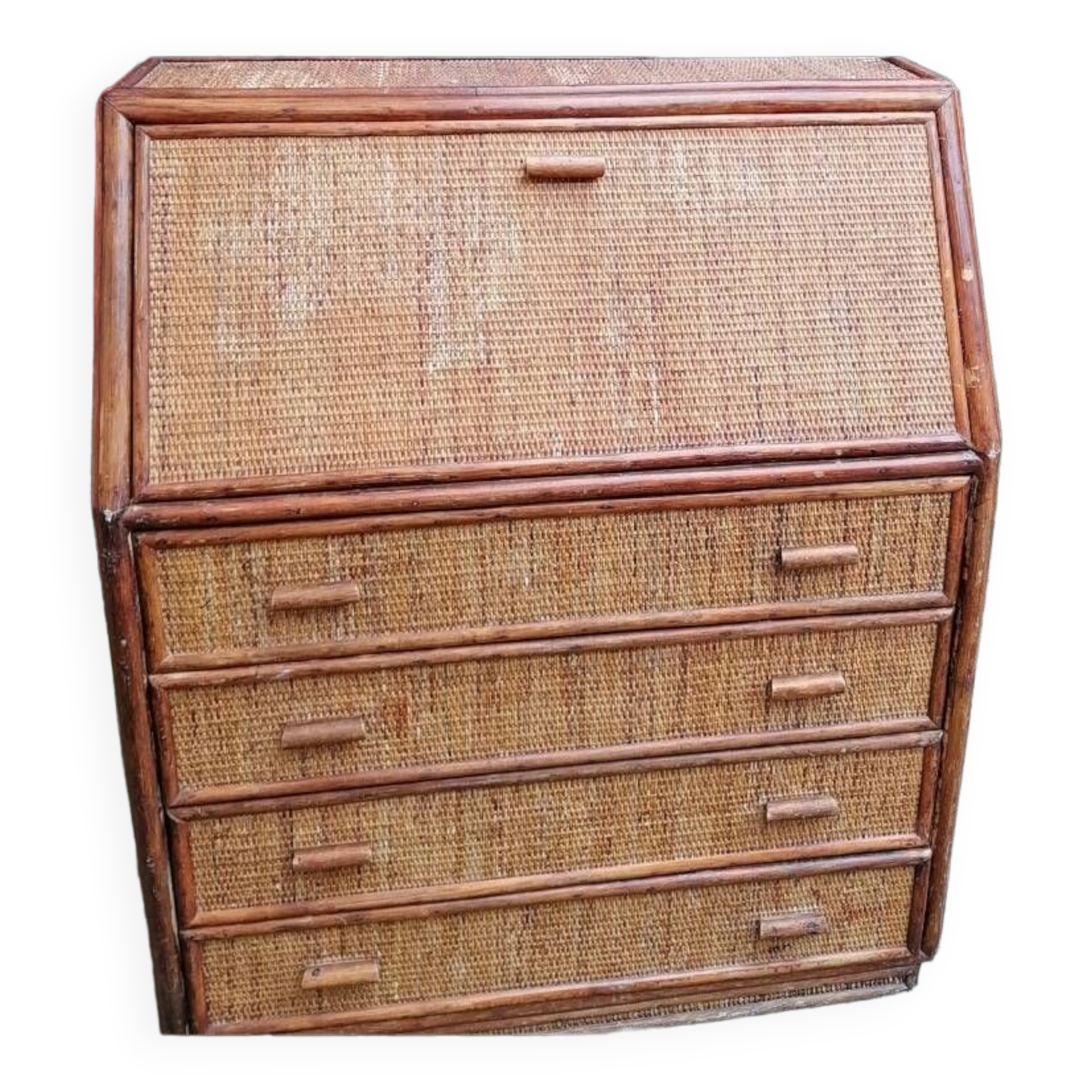 Rattan and wicker secretary chest of drawers