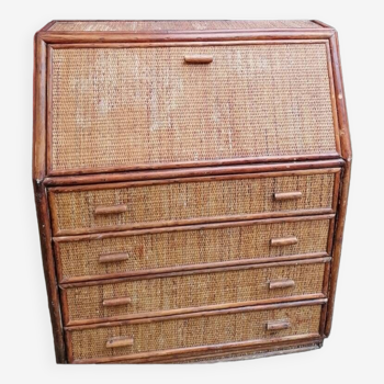 Rattan and wicker secretary chest of drawers