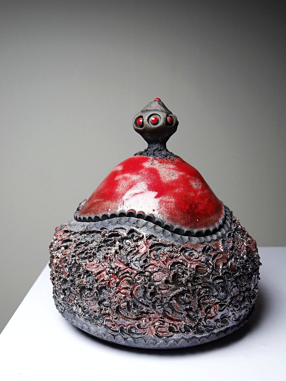 Vintage 2000s red and grey handmade raku jewellery box