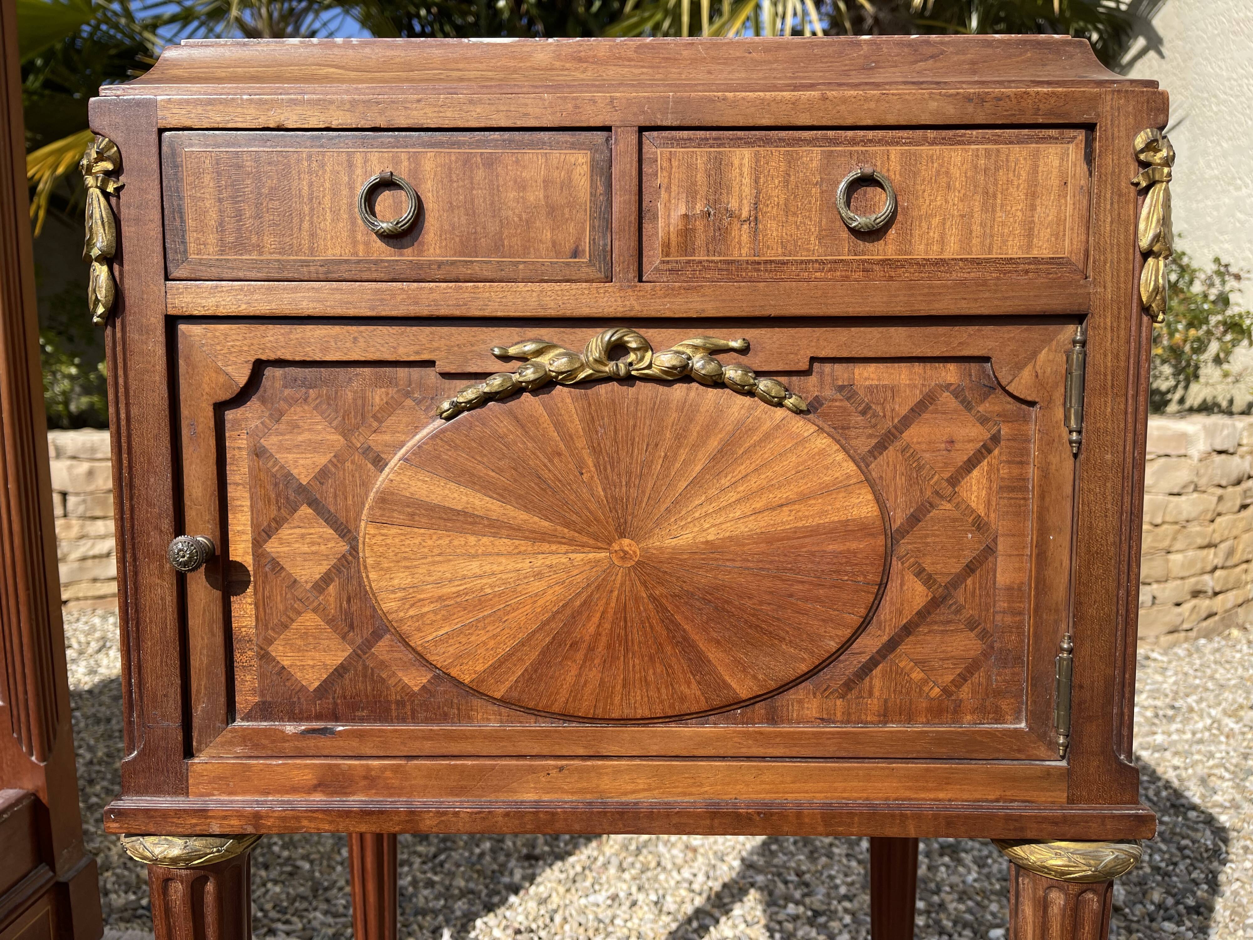 Louis XVI style marquetry & bronze bed and bedside table