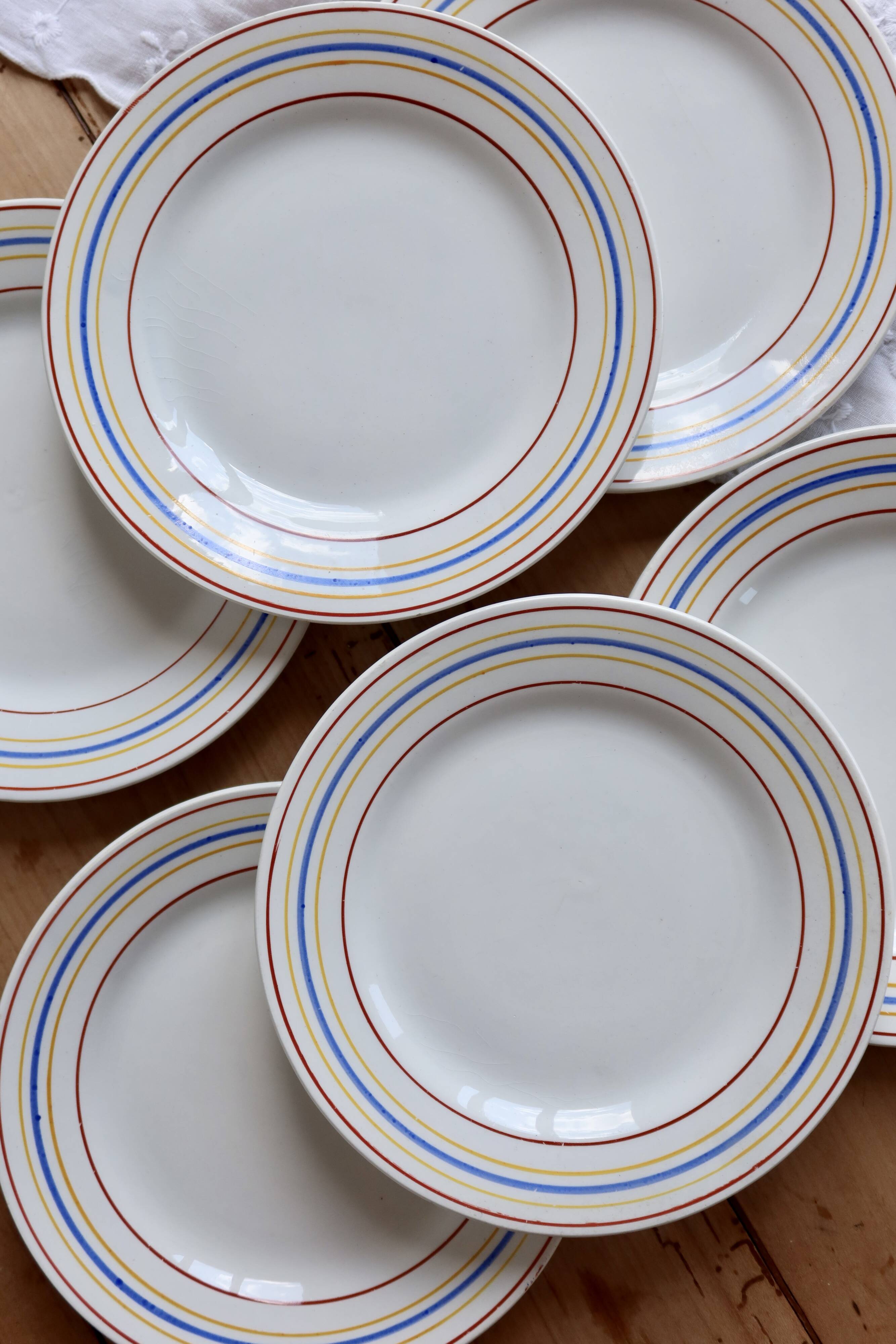 6 vintage dessert plates Céranord Saint-Amand red blue yellow stripes