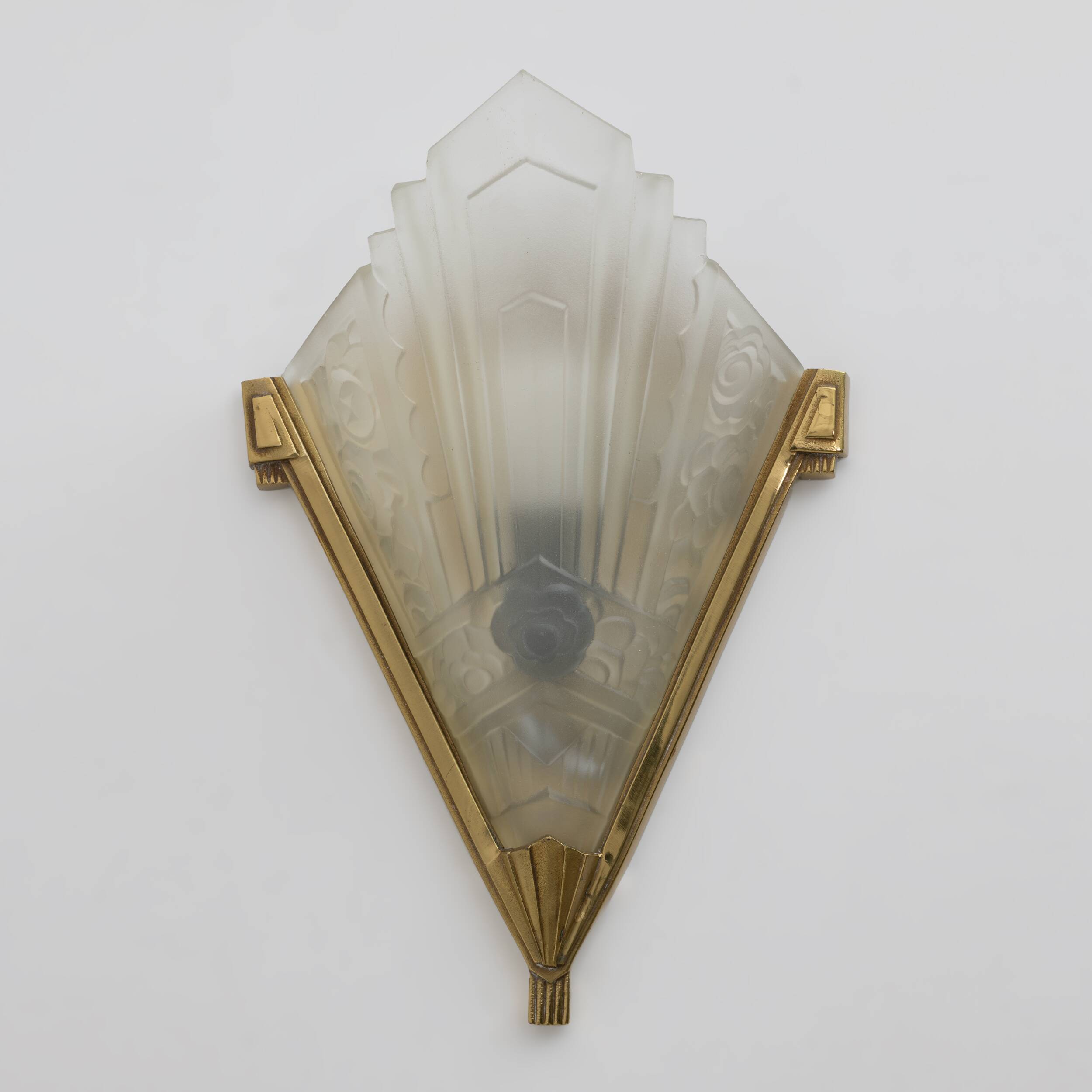 Pair of Art Deco Pressed Glass and Brass Sconces, France, 1930s