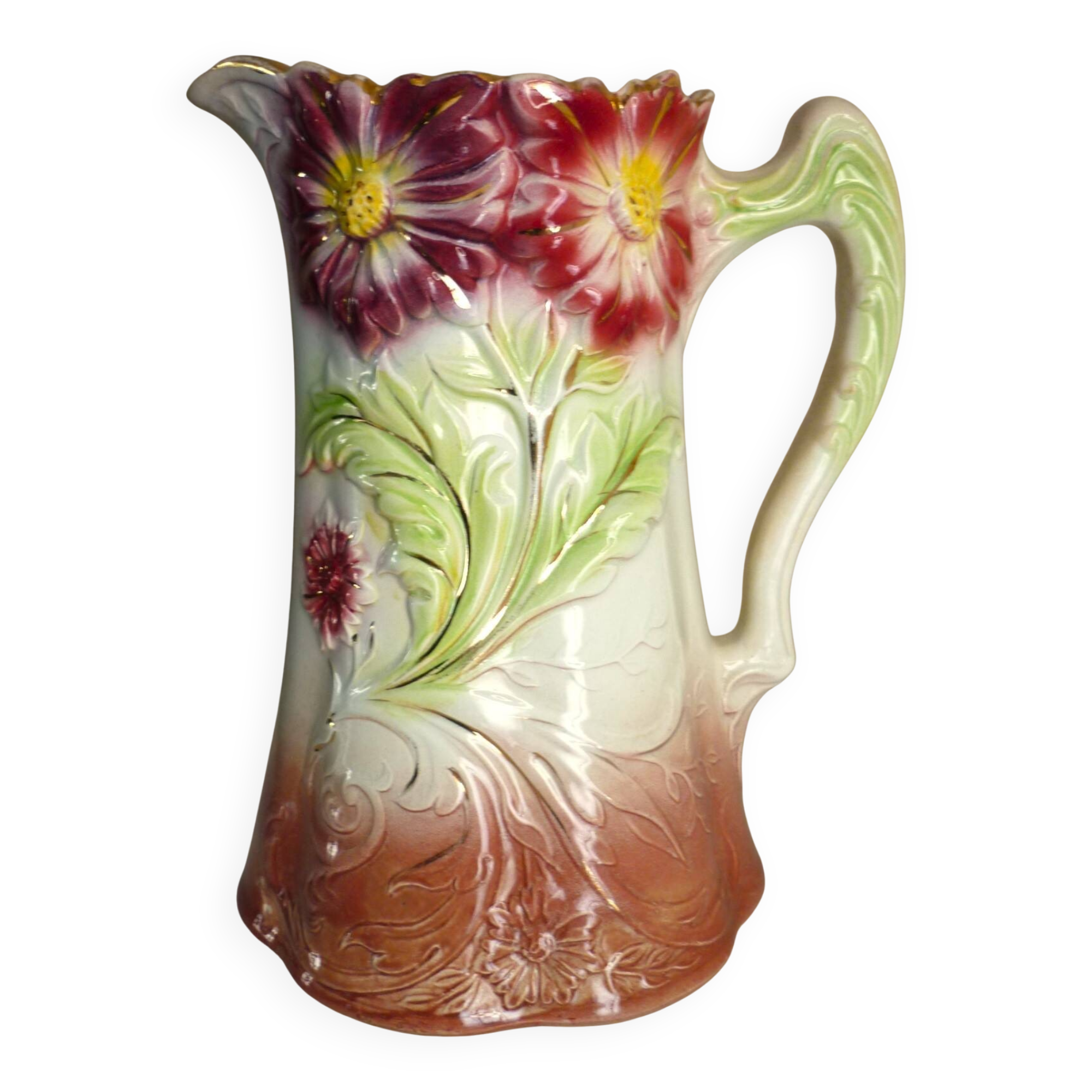 Barbotine pitcher, Onnaing earthenware, art nouveau ceramics, model no. 790