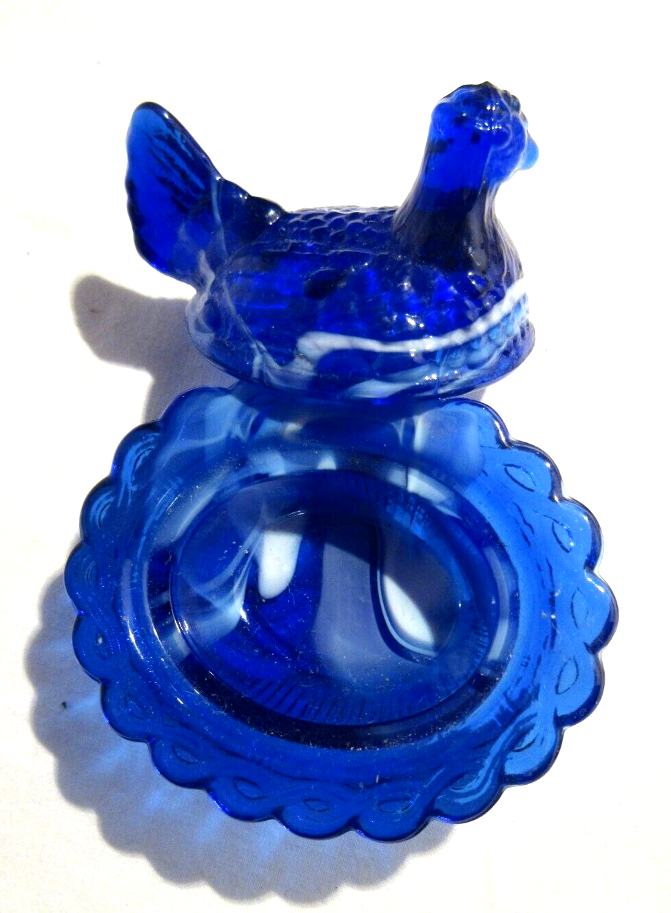 Box slurry hen on her nest, cobalt blue opaline salt shaker, vallérysthal