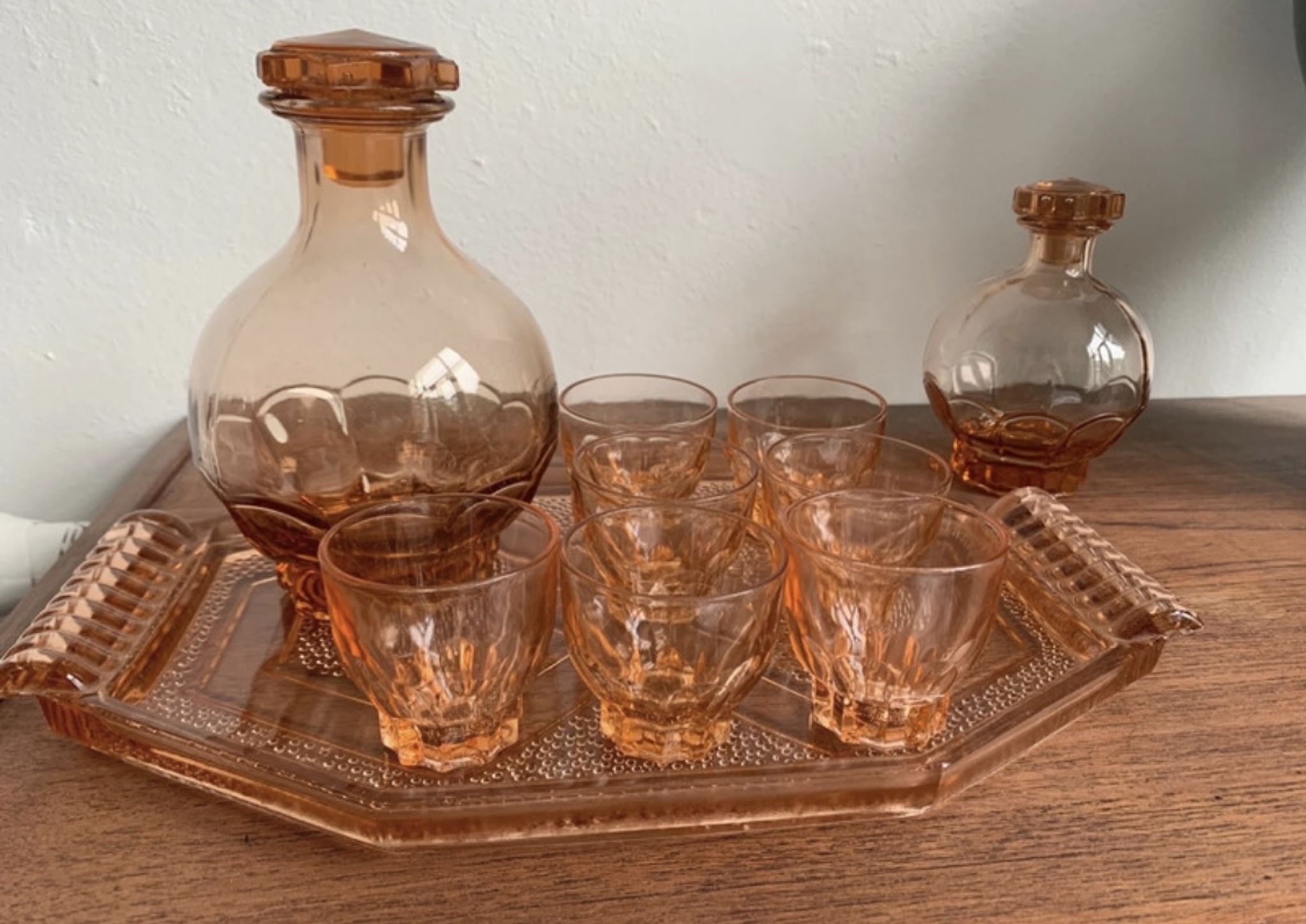 Vintage pink glass liqueur set