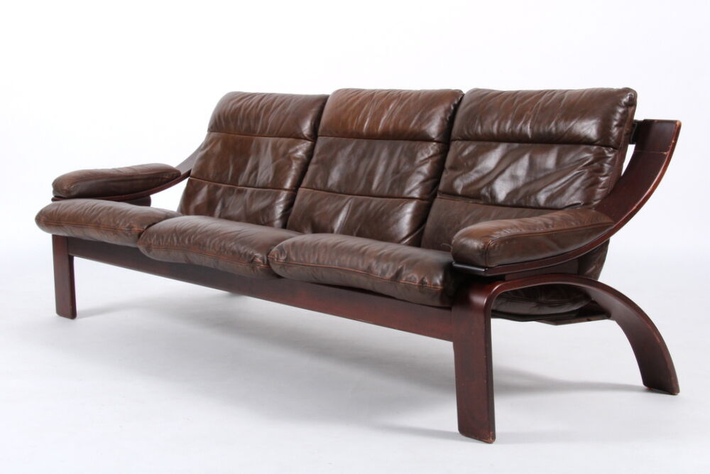 Vintage danish mid century  3 person sofa in brown leather 1970,s