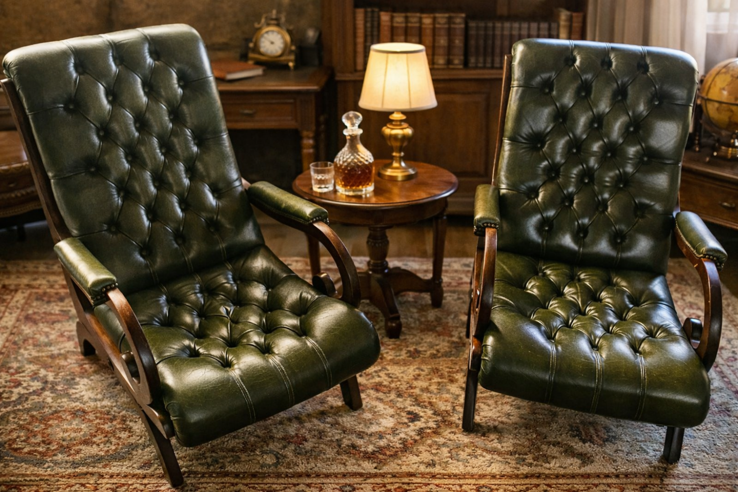 Pair of tufted leather armchairs in Chesterfield / English club style.