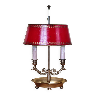 lampe bouillotte 2 feux en bronze et laiton, lampe de bureau  rouge