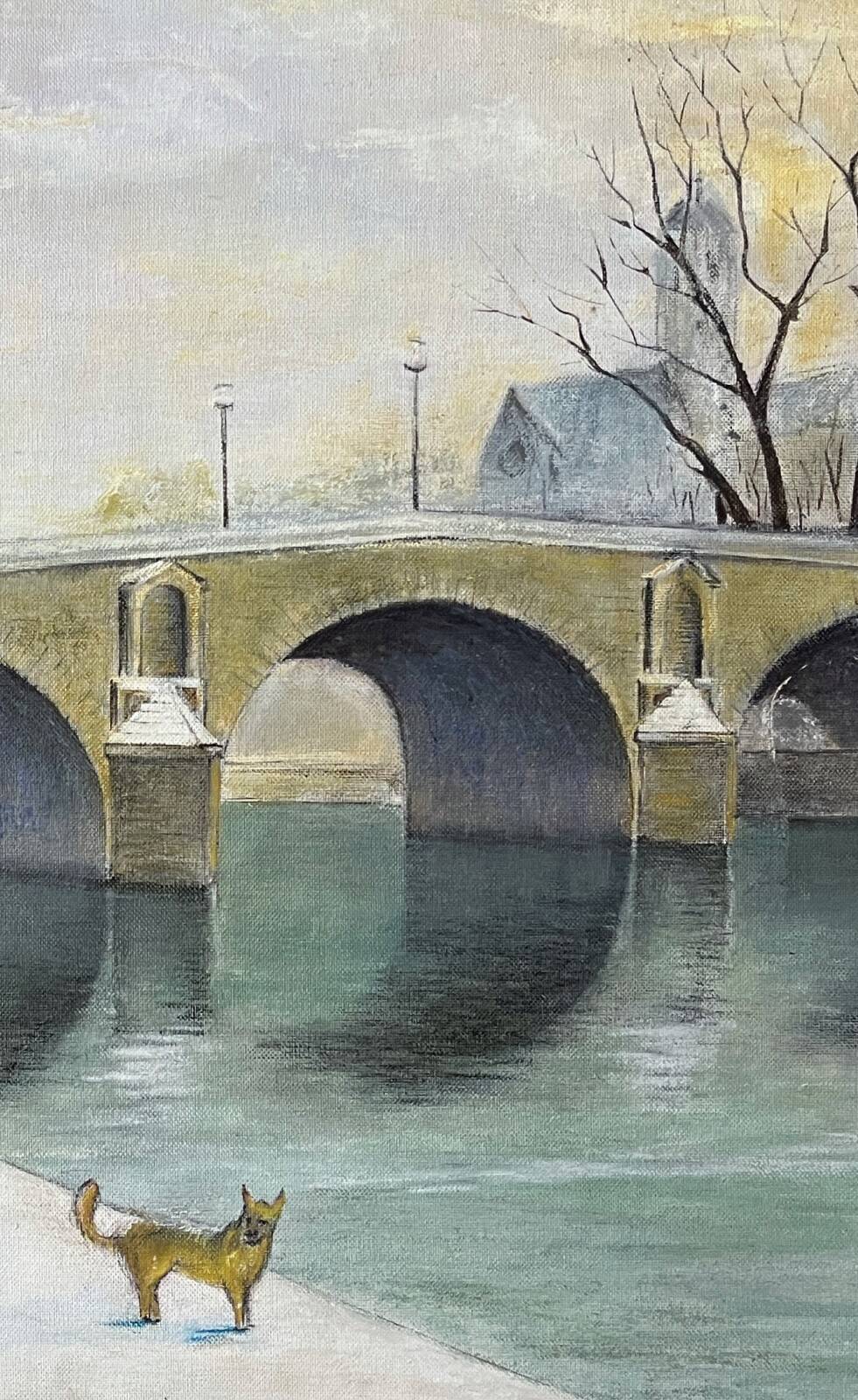 Tableau HSP "Pont de Paris en hiver" Notre Dame signé vers 1950
