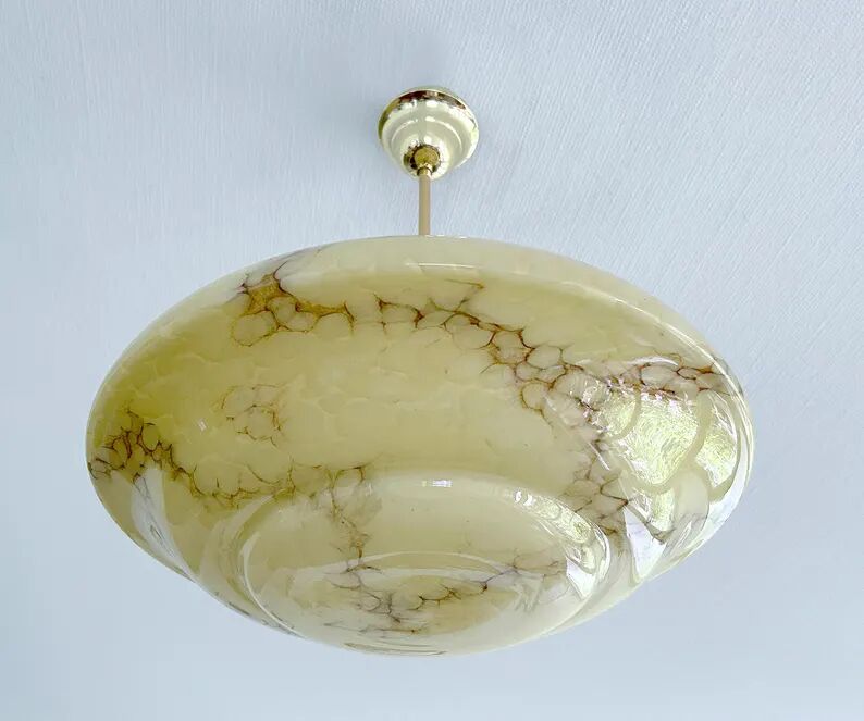 Art Deco Pendant Light, Marble Glass Amber Ivory, Alabaster Style, Vintage Chandelier