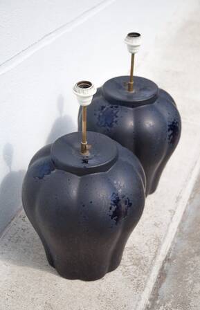 pair of night blue ceramic lamps in pumpkin shape, vintage lamp