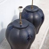 pair of night blue ceramic lamps in pumpkin shape, vintage lamp