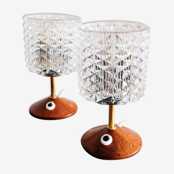 2 lampes de table tchécoslovaques en verre en bois vintage, années 1970