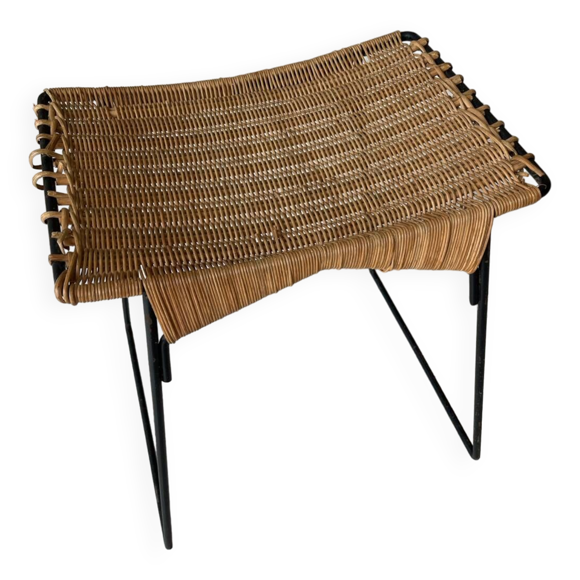 Vintage rattan and steel stool by Raoul Guys for Airborne, 1950s