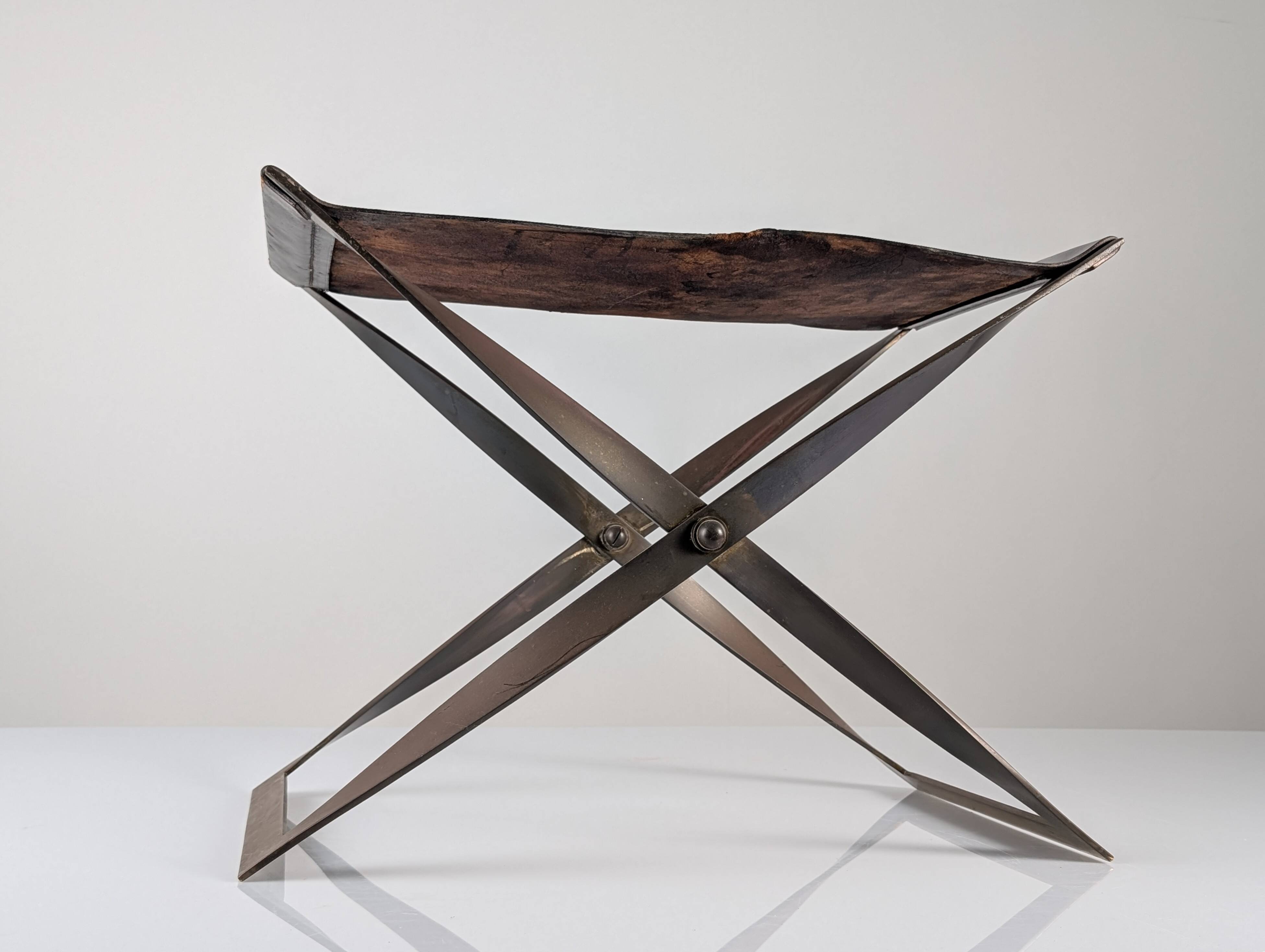 Folding Steel and Leather Stool, Denmark 1960s