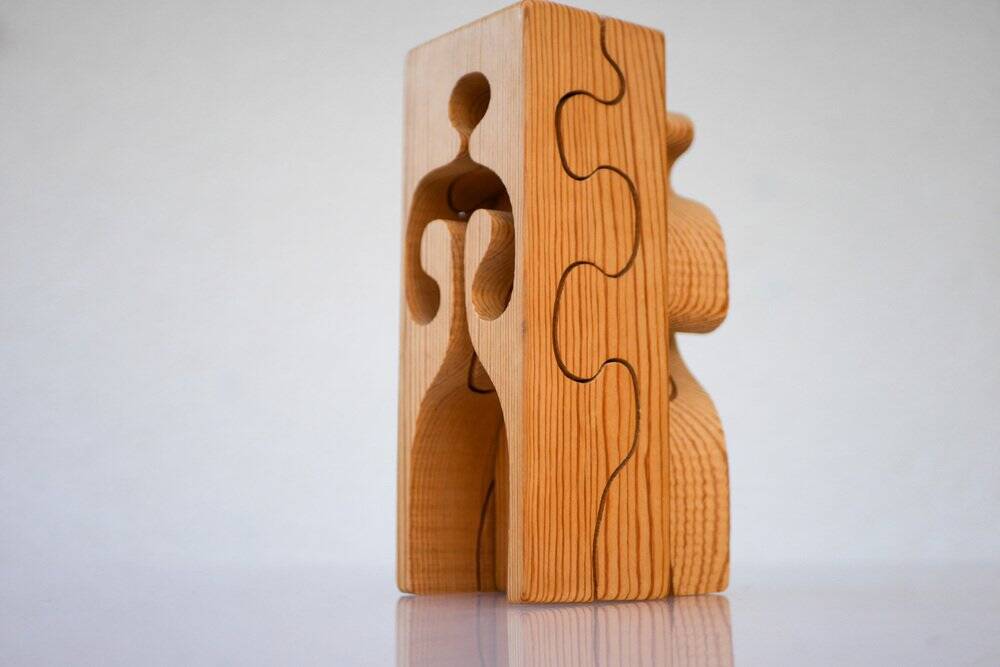 Puzzle in wood sculpture by Gunnar Kanevad for Gamla Linköping, Sweden, 1962.