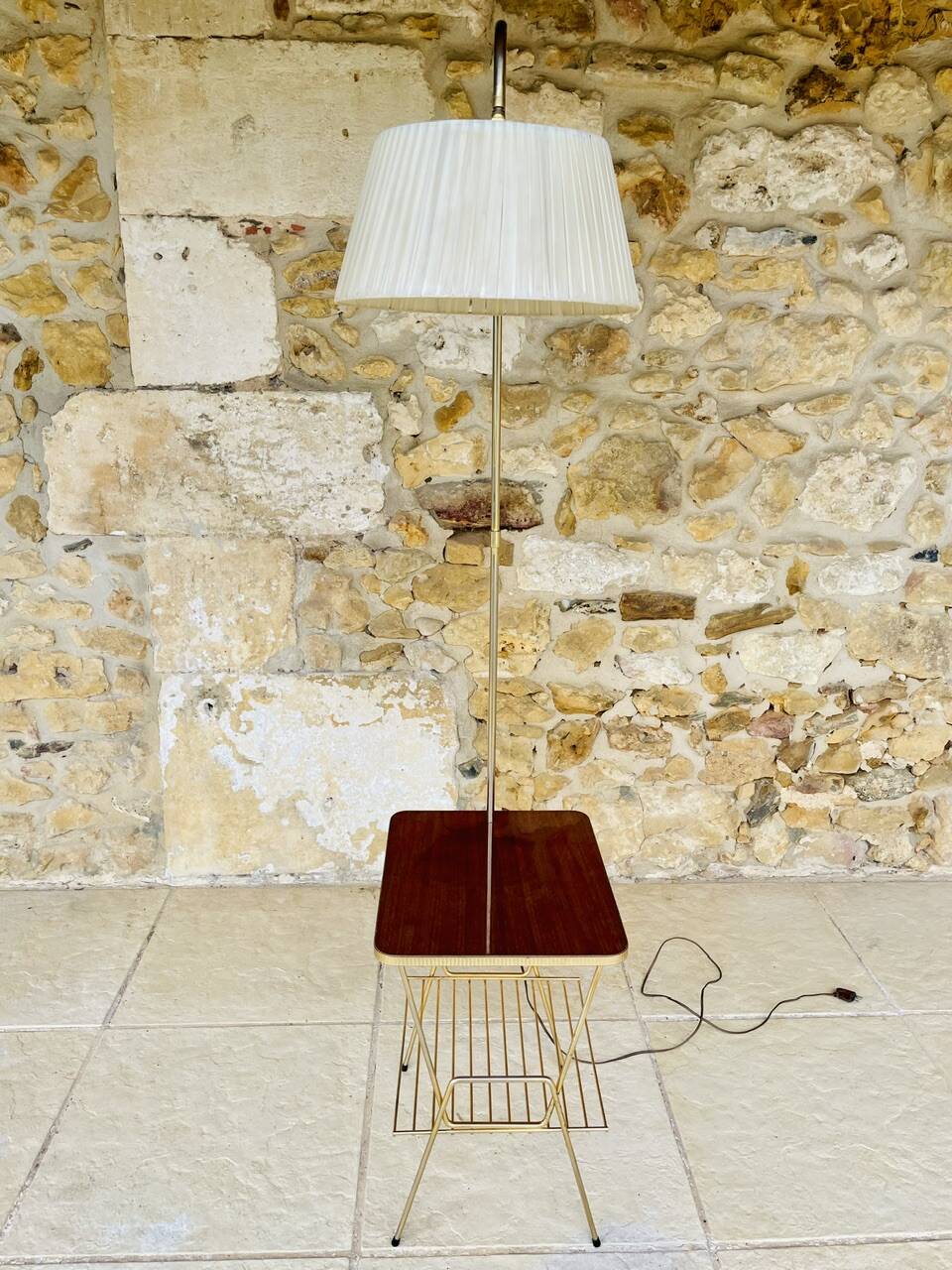 Vintage articulated floor lamp with shelf and magazine holder 1960s