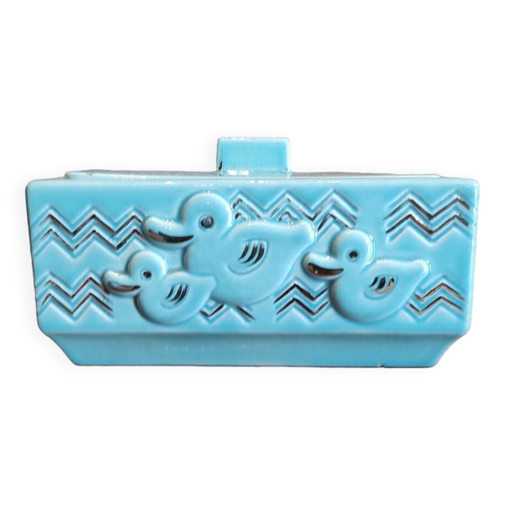Boîte Métal Ancienne – Biscuit Bleu – Petite Fille Au Canard – Déco Vintage