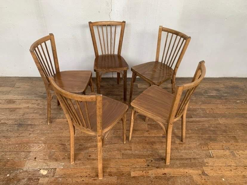 Series of 5 old baumann bistro chairs in curved wood