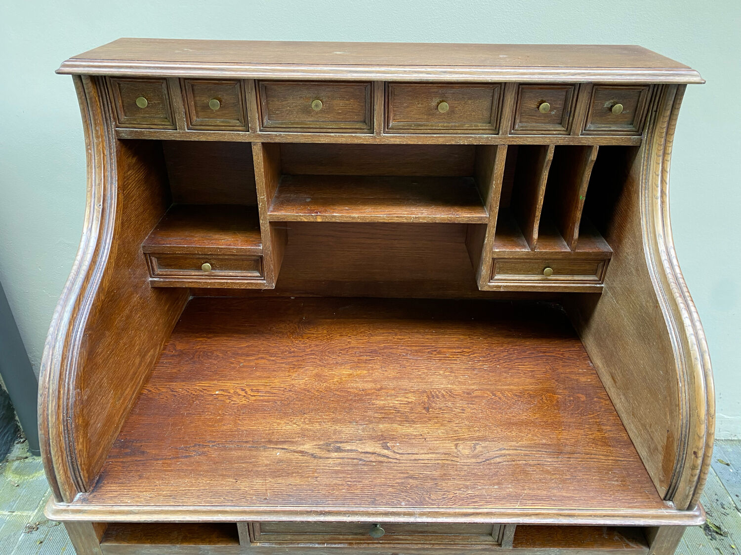 Antique solid wood secretary desk, handcrafted cabinetry.