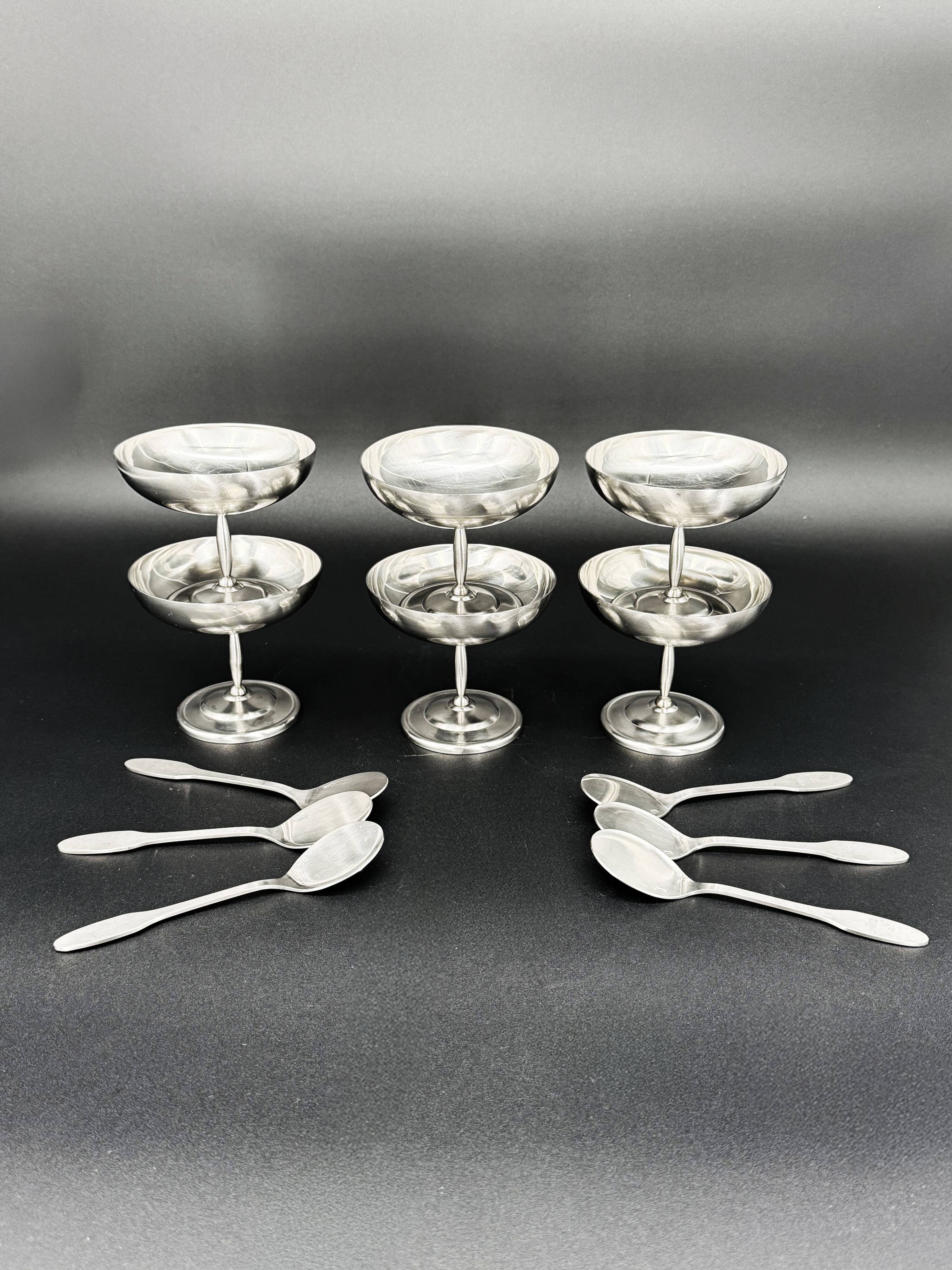 6 stainless steel dessert bowls + spoons – Jean Couzon France