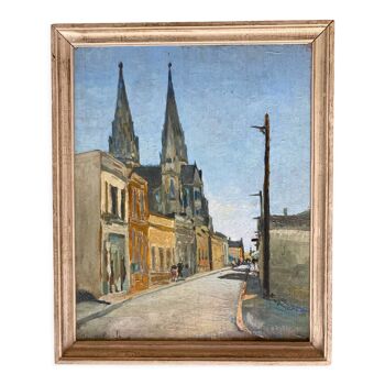 Old painting - A couple rue de l'église - Village of France - 1933