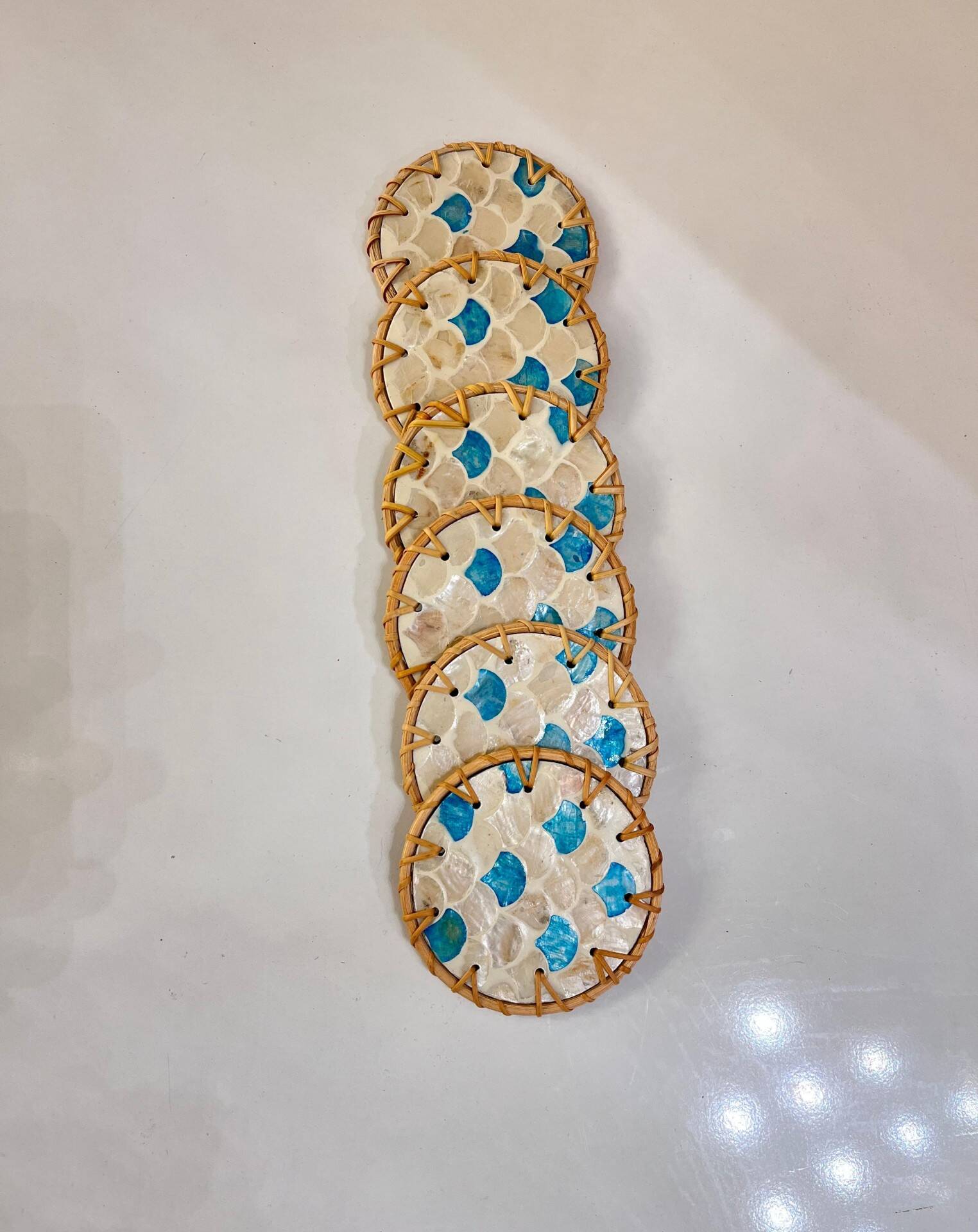 Mid Century Modern Vintage Set of 6 Rattan Coasters with a Pearl Finish