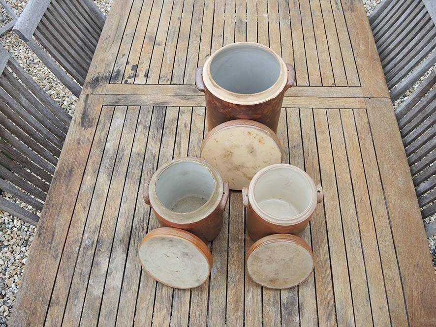 3 Old Grease Pots with Lids in Brown Glazed Stoneware
