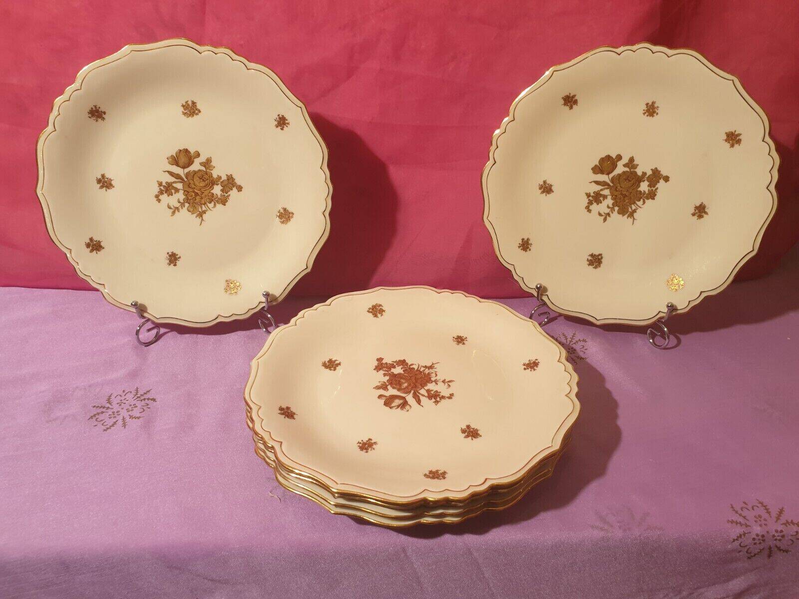 6 dinner plates pretty golden floral decoration Limoges Lucien Michelaud