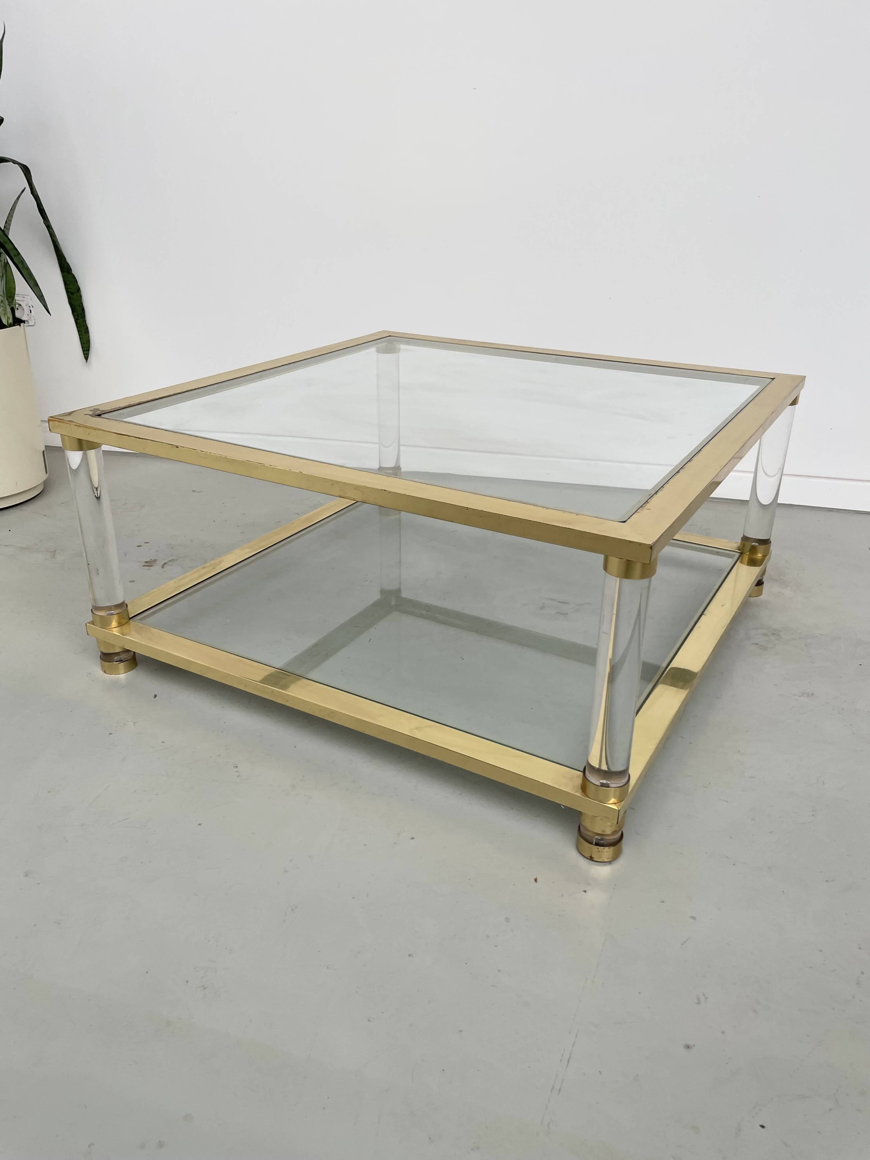 1970s lucite, brass and glass coffee table