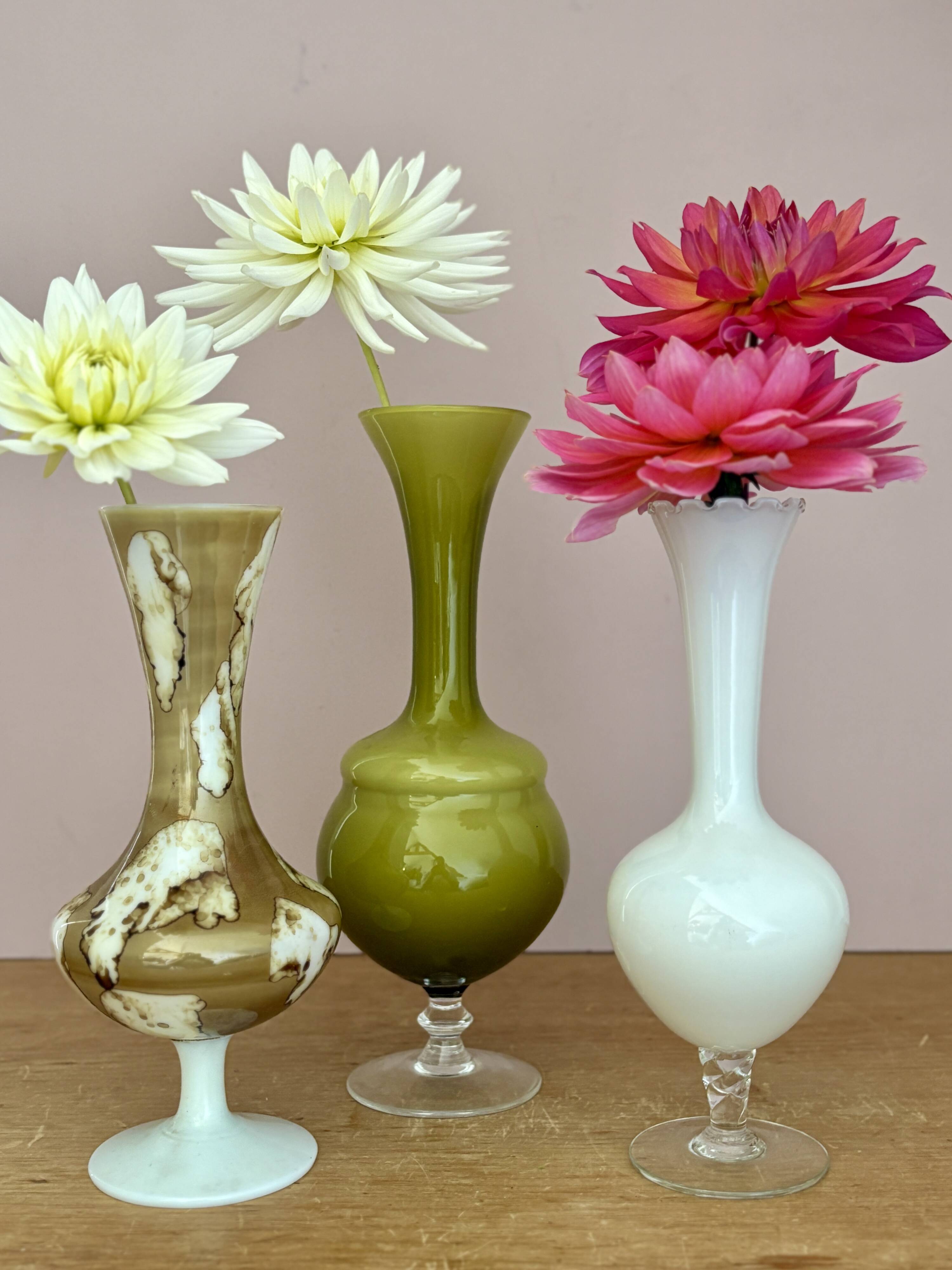 Set of 3 vintage glass and opaline vases