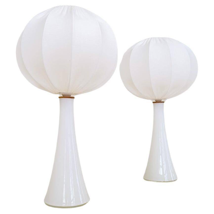 Pair of mid-century opaline glass table lamps with cotton shades by Bergboms, Sweden, 1960.