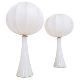 Pair of mid-century opaline glass table lamps with cotton shades by Bergboms, Sweden, 1960.