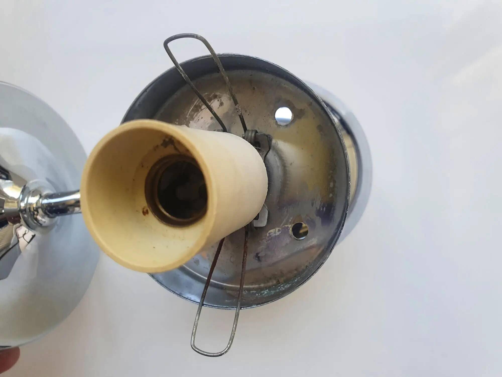 Pair of chrome metal wall lights with vintage sandblasted glass globes