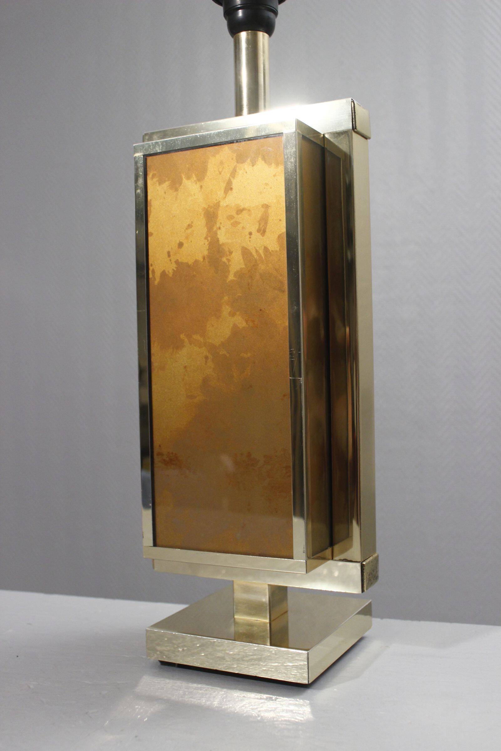 Philippe Cheverny large brass lamp with eglomisé glass, France 1970s