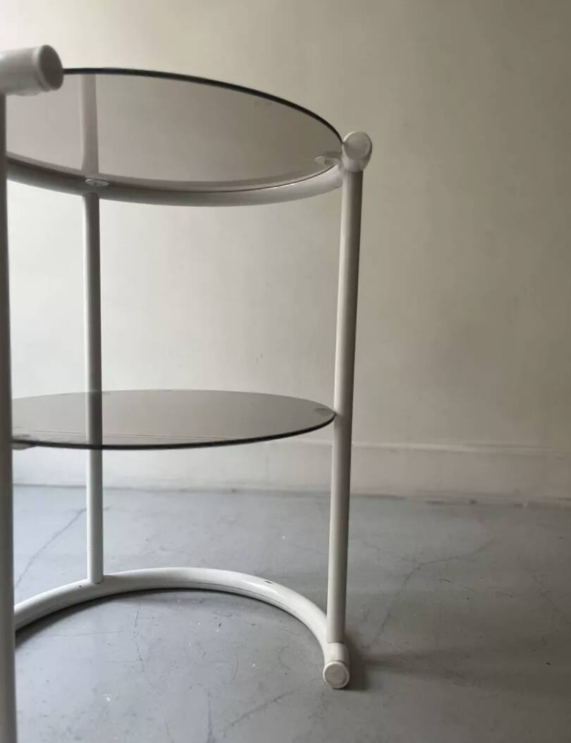 Tubular space age serving table in white metal and pink smoked glass, 1970s design