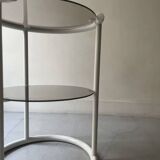 Tubular space age serving table in white metal and pink smoked glass, 1970s design
