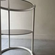 Tubular space age serving table in white metal and pink smoked glass, 1970s design