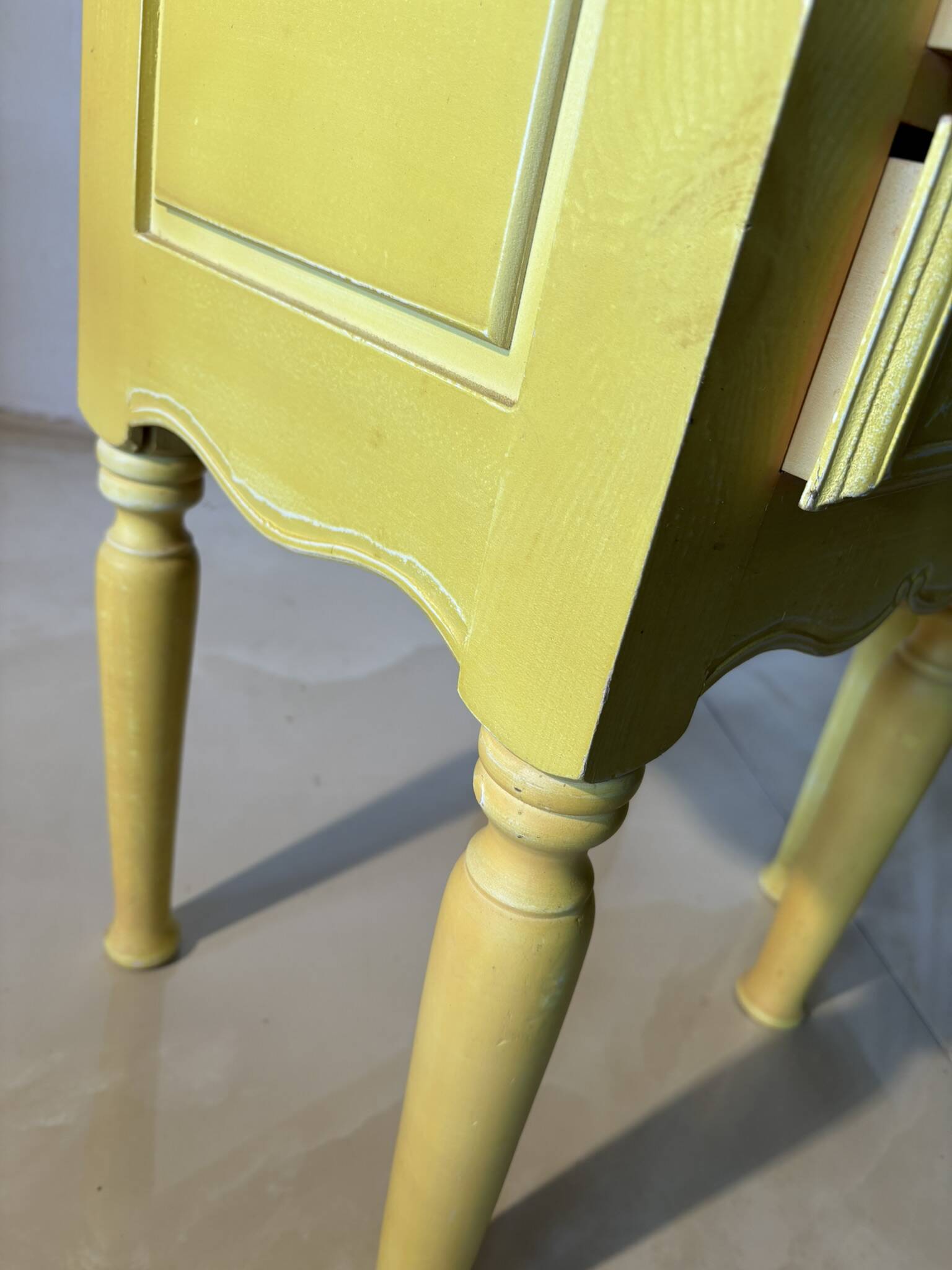 Pair of vintage carved wooden bedside tables – Sunny yellow finish
