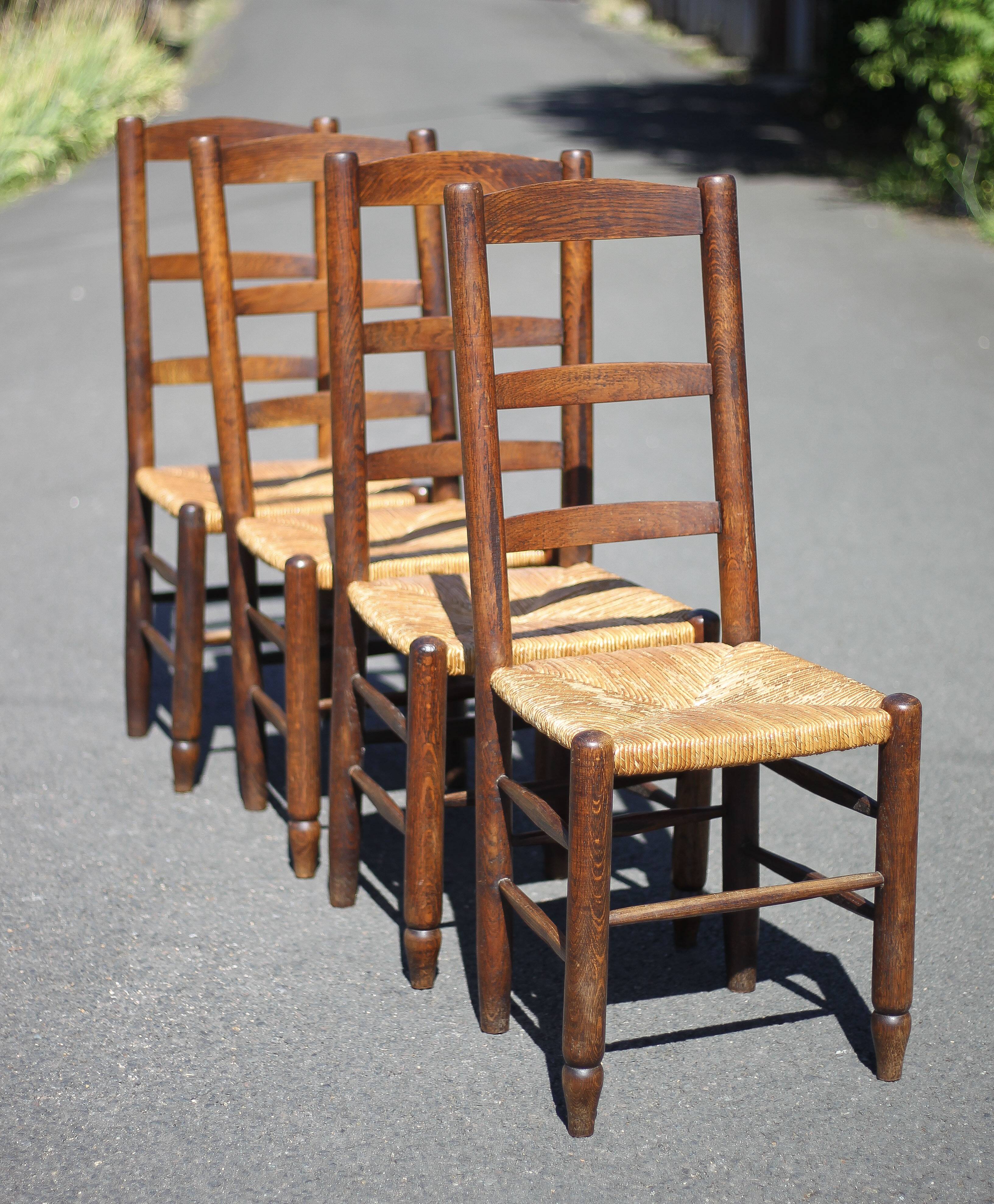 Set of 4 wooden and straw chairs, wooden chair, straw chair, countryside, chalet