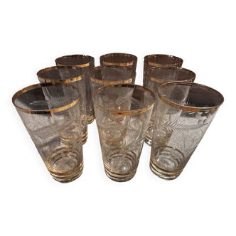 9 verres art-deco en cristal gravé et liserés or