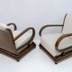 Pair of Art Dèco Italian Walnut and Velvet Armchairs and Two Ottomans, 1920