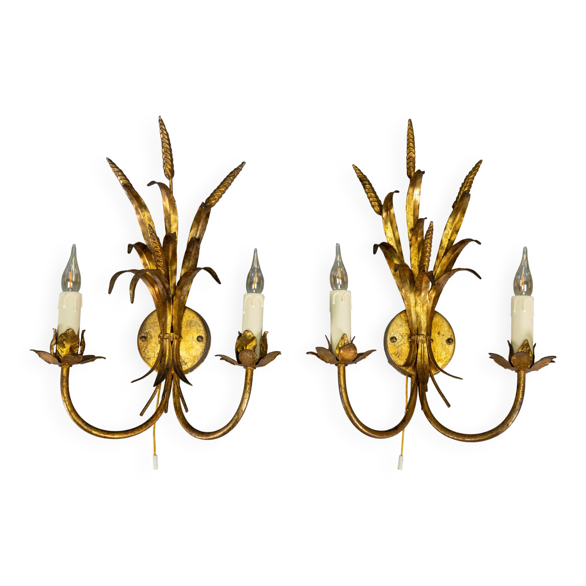 Pair of Hollywood Regency Style Gilt Metal Double-Arm Wheat Sconces, 1970s