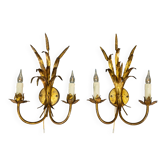 Pair of Hollywood Regency Style Gilt Metal Double-Arm Wheat Sconces, 1970s