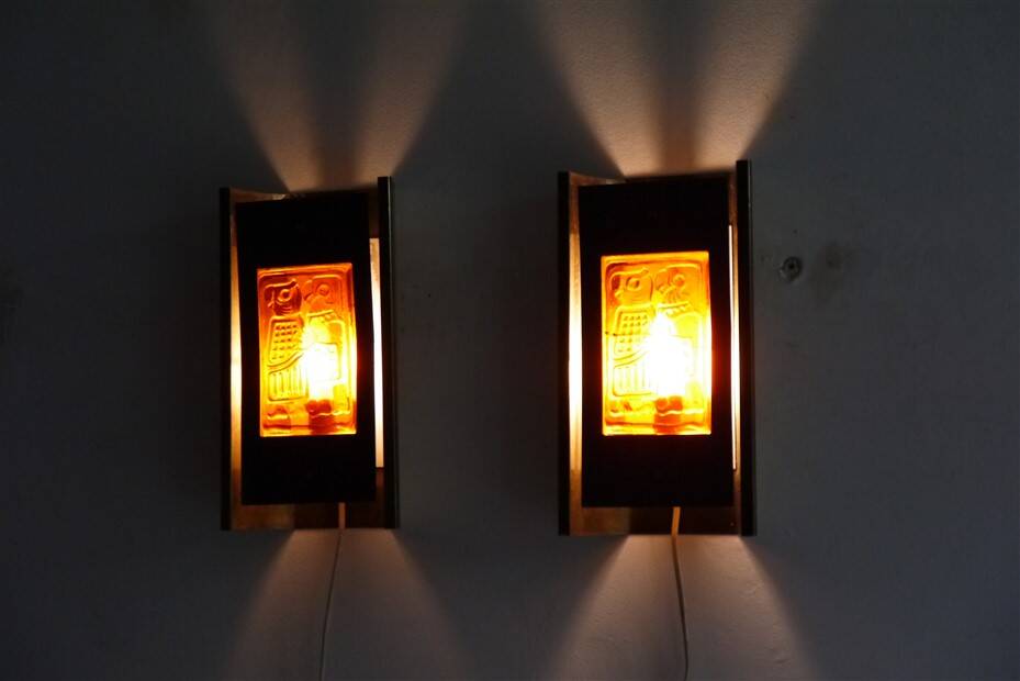 Pair of Scandinavian brass and glass wall lights by Erik Hoglund